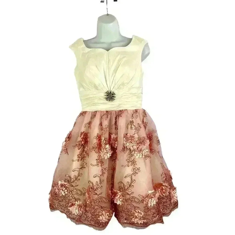 Embellished Puffy Prom Dress Sz 8 Women's Floral  Rhinestone Center Pink White